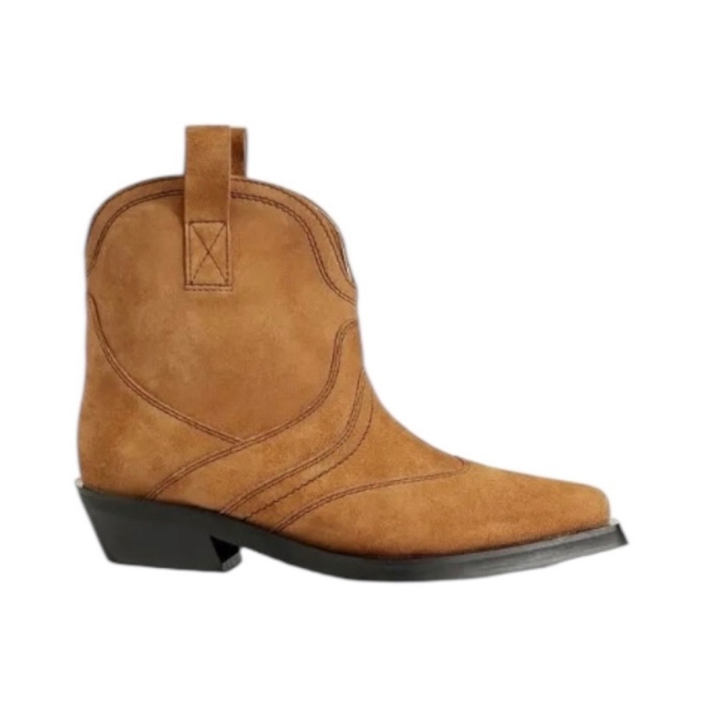 Ganni Tan Suede Western Ankle Boots
